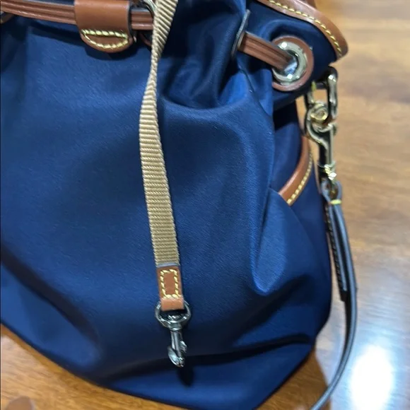 Dooney & Bourke Italian Nylon Navy and Brown Hobo Drawstring Bag - Picture 14 of 15